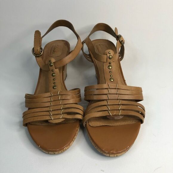 Clarks Strappy T Strap Open Toe Cork Wedges - Picture 2 of 7